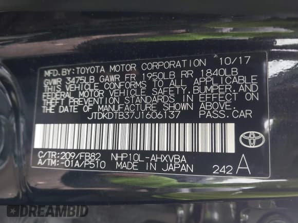 ✅ 2018 Toyota Prius One • VIN: JTDKDTB37J1606137 • Lot: 40709527. Listed on IAAI with 92,356 mi. Free auction sales archive from the USA and detailed vehicle history report at DreamBid. Image 9.