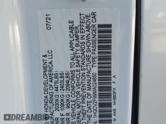 ✅ 2021 Honda Accord Touring • VIN: 1HGCV2F99MA024850 • Lot: 86496595. Listed on Copart with 75,769 mi. Free auction sales archive from the USA and detailed vehicle history report at DreamBid. Image 12.