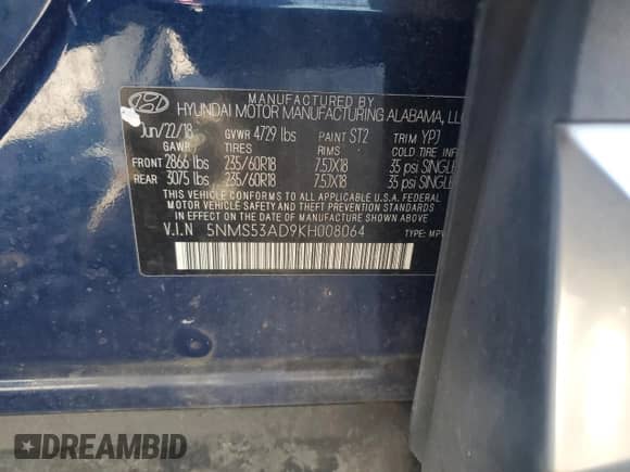 2019 Hyundai Santa Fe Ultimate z VIN 5NMS53AD9KH008064, wystawiony jako Copart lot #70659395 z przebiegiem 186 232 mil mil oraz Szkoda całkowita • Salvage title. Historia ofert i sprzedaży dostępna na DreamBid. Obrazek 13.