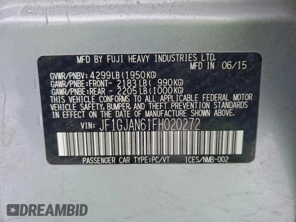 ✅ 2015 Subaru Impreza Limited • VIN: JF1GJAN61FH020272 • Лот: 94822605. Опубликован ранее на Copart с пробегом 62 052 миль. Бесплатный доступ к архиву аукционных продаж из США и подробный отчёт об истории автомобиля на DreamBid. Изображение 12.