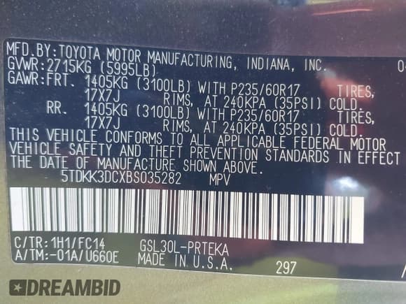 ✅ 2011 Toyota Sienna LE • VIN: 5TDKK3DCXBS035282 • Lot: 43722162. Listed on IAAI with 208,173 mi. Free auction sales archive from the USA and detailed vehicle history report at DreamBid. Image 9.