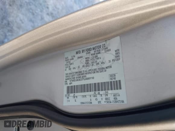 ✅ 2007 Ford Explorer XLT • VIN: 1FMEU63E37UA95110 • Lot: 43613938. Listed on IAAI with 207,406 mi. Free auction sales archive from the USA and detailed vehicle history report at DreamBid. Image 9.