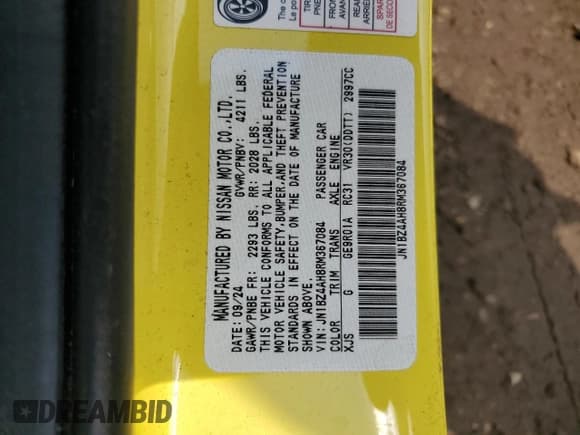 ✅ 2024 Nissan Z Sport • VIN: JN1BZ4AH8RM367084 • Lot: 61753135. Listed on Copart with 441 mi. Free auction sales archive from the USA and detailed vehicle history report at DreamBid. Image 13.