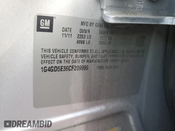 ✅ 2012 Buick LaCrosse Premium 1 • VIN: 1G4GD5E36CF209999 • Lot: 82307905. Wystawiony na Copart z przebiegiem 189 925 mil. Bezpłatny archiwum sprzedaży aukcyjnych z USA i szczegółowy raport historii pojazdu na DreamBid. Zdjęcie 12.