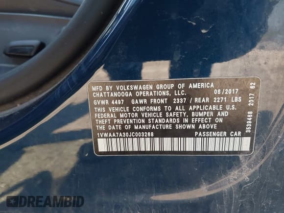 ✅ 2018 Volkswagen Passat S • VIN: 1VWAA7A30JC003268 • Lot: 43260528. Listed on IAAI with 118,360 mi. Free auction sales archive from the USA and detailed vehicle history report at DreamBid. Image 9.