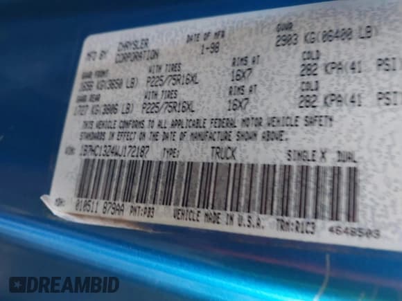✅ 1998 Dodge 1500 • VIN: 1B7HC13Z4WJ172187 • Lot: 43825274. Wystawiony na IAAI z przebiegiem 184 337 mil. Bezpłatny archiwum sprzedaży aukcyjnych z USA i szczegółowy raport historii pojazdu na DreamBid. Zdjęcie 9.