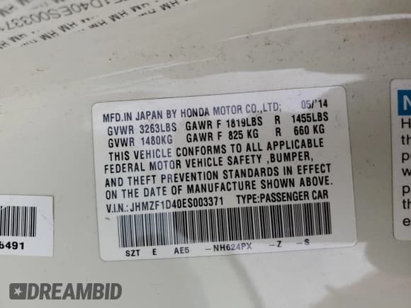 ✅ 2014 Honda CR-Z • VIN: JHMZF1D40ES003371 • Lot: 85157794. Listed on Copart with 143,963 mi. Free auction sales archive from the USA and detailed vehicle history report at DreamBid. Image 12.