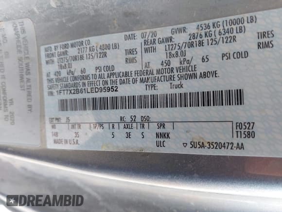 ✅ 2020 Ford F-250 XL • VIN: 1FT7X2B61LED95952 • Lot: 42186832. Listed on IAAI with 119,083 mi. Free auction sales archive from the USA and detailed vehicle history report at DreamBid. Image 8.