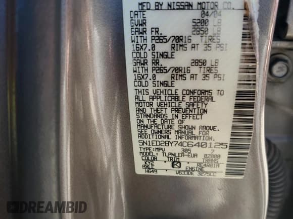 ✅ 2004 Nissan Xterra XE • VIN: 5N1ED28Y74C640125 • Lot: 90564675. Listed on Copart with 120,025 mi. Free auction sales archive from the USA and detailed vehicle history report at DreamBid. Image 13.