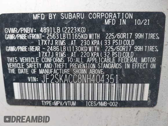 ✅ 2022 Subaru Forester • VIN: JF2SKACC8NH404351 • Lot: 41680512. Listed on IAAI with 58,553 mi. Free auction sales archive from the USA and detailed vehicle history report at DreamBid. Image 9.