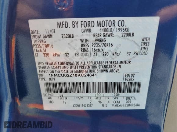 ✅ 2008 Ford Escape XLS • VIN: 1FMCU02Z18KC24841 • Lot: 53114195. Listed on Copart with 130,151 mi. Free auction sales archive from the USA and detailed vehicle history report at DreamBid. Image 13.