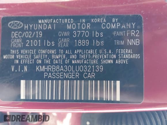 ✅ 2020 Hyundai Venue SE • VIN: KMHRB8A30LU032139 • Lot: 41107703. Listed on IAAI with 54,416 mi. Free auction sales archive from the USA and detailed vehicle history report at DreamBid. Image 9.