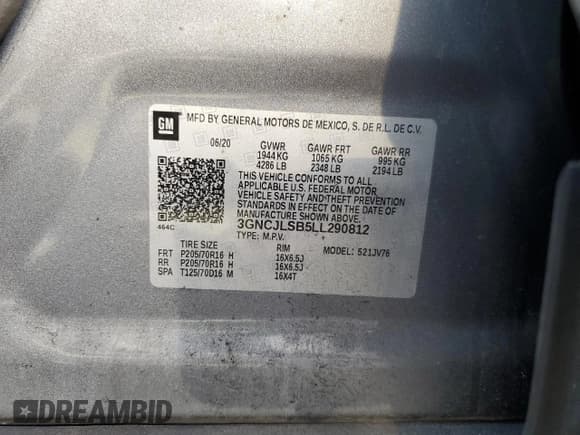 ✅ 2020 Chevrolet Trax LT • VIN: 3GNCJLSB5LL290812 • Lot: 90781435. Wystawiony na Copart z przebiegiem 101 577 mil. Bezpłatny archiwum sprzedaży aukcyjnych z USA i szczegółowy raport historii pojazdu na DreamBid. Zdjęcie 12.