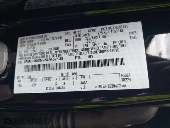 ✅ 2025 Ford Escape Active • VIN: 1FMCU0GN9SUA67139 • Lot: 42502587. Listed on IAAI with 5,138 mi. Free auction sales archive from the USA and detailed vehicle history report at DreamBid. Image 9.