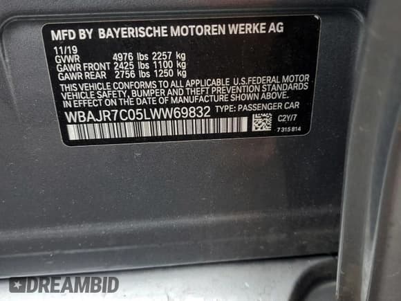 ✅ 2020 BMW 5 Series 530i xDrive • VIN: WBAJR7C05LWW69832 • Lot: 55678995. Listed on Copart with 55,280 mi. Free auction sales archive from the USA and detailed vehicle history report at DreamBid. Image 12.