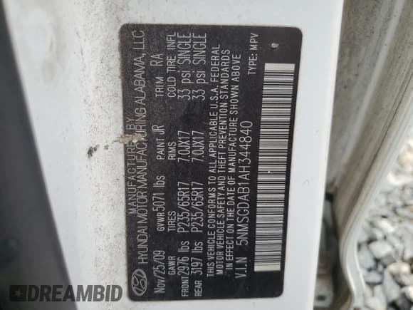 ✅ 2010 Hyundai Santa Fe GLS • VIN: 5NMSGDAB1AH344840 • Lot: 72929804. Listed on Copart with 246,533 mi. Free auction sales archive from the USA and detailed vehicle history report at DreamBid. Image 13.