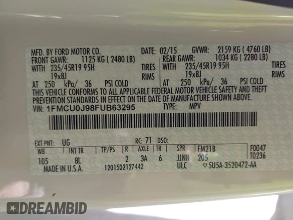 ✅ 2015 Ford Escape Titanium • VIN: 1FMCU0J98FUB63295 • Lot: 42007554. Listed on IAAI with 137,061 mi. Free auction sales archive from the USA and detailed vehicle history report at DreamBid. Image 9.