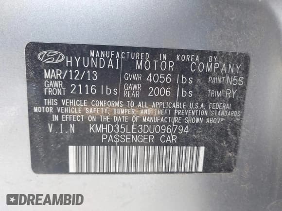 ✅ 2013 Hyundai Elantra • VIN: KMHD35LE3DU096794 • Lot: 43487547. Listed on IAAI with 136,071 mi. Free auction sales archive from the USA and detailed vehicle history report at DreamBid. Image 9.