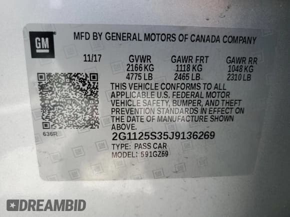 ✅ 2018 Chevrolet Impala Premier • VIN: 2G1125S35J9136269 • Лот: 69787384. Опубликован ранее на Copart с пробегом Не указан. Бесплатный доступ к архиву аукционных продаж из США и подробный отчёт об истории автомобиля на DreamBid. Изображение 13.