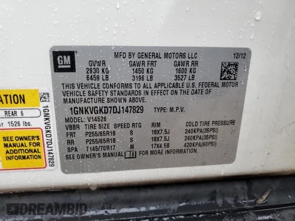 ✅ 2013 Chevrolet Traverse LT • VIN: 1GNKVGKD7DJ147829 • Lot: 82710125. Wystawiony na Copart z przebiegiem 184 333 mil. Bezpłatny archiwum sprzedaży aukcyjnych z USA i szczegółowy raport historii pojazdu na DreamBid. Zdjęcie 13.