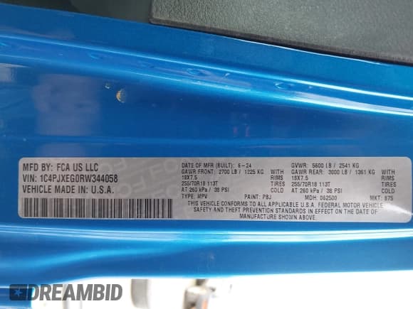 ✅ 2024 Jeep Wrangler Sahara • VIN: 1C4PJXEG0RW344058 • Lot: 42261013. Listed on IAAI with 20,040 mi. Free auction sales archive from the USA and detailed vehicle history report at DreamBid. Image 9.