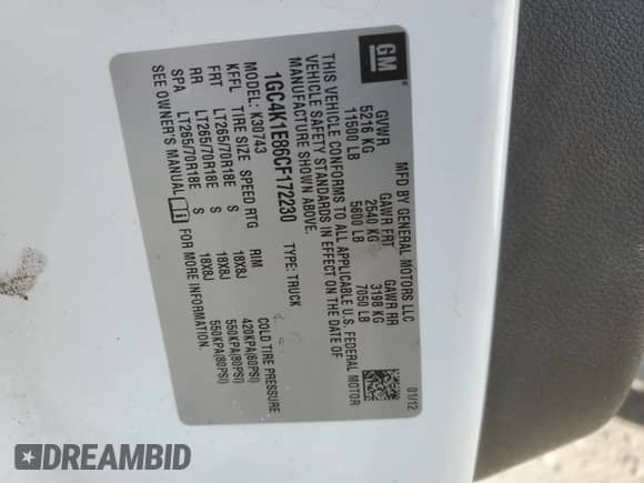 2012 Chevrolet Silverado 3500HD SRW LTZ с VIN 1GC4K1E86CF172230, выставлен на аукционе Copart как лот 74526074 с пробегом Не указан миль и Списание • Salvage title. История ставок и продаж доступна на DreamBid. Изображение 12.