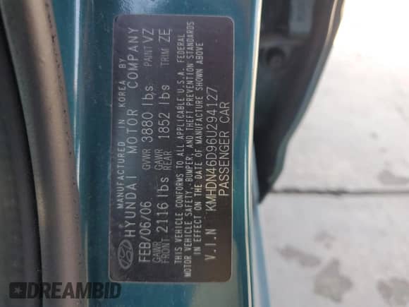 2006 Hyundai Elantra GLS with VIN KMHDN46D96U294127, listed as a Copart auction lot 75476704 with 135,861 mi miles and Clean title. Bid and sale history available at DreamBid. Image 13.