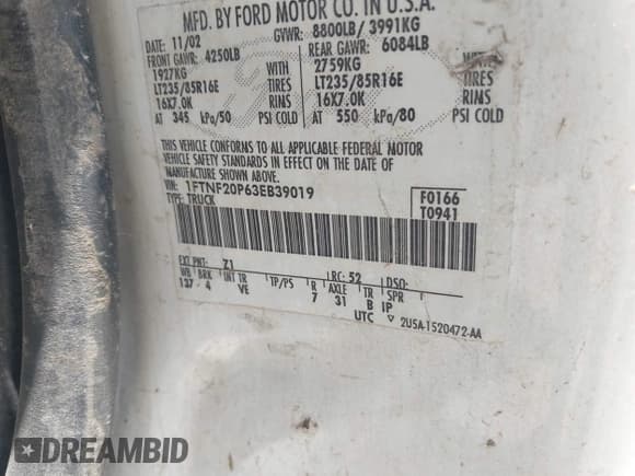 ✅ 2003 Ford F-250 XL • VIN: 1FTNF20P63EB39019 • Lot: 42491499. Listed on IAAI with Not provided. Free auction sales archive from the USA and detailed vehicle history report at DreamBid. Image 9.