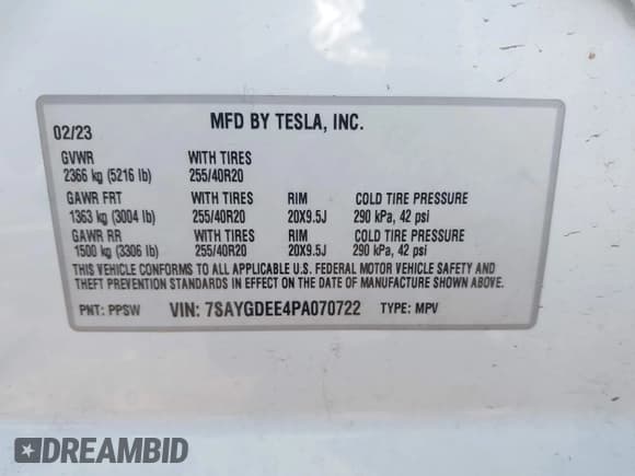 ✅ 2023 Tesla Model Y Long Range • VIN: 7SAYGDEE4PA070722 • Lot: 43324153. Listed on IAAI with Not provided. Free auction sales archive from the USA and detailed vehicle history report at DreamBid. Image 9.