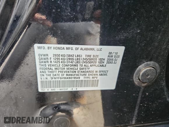 ✅ 2019 Honda Pilot Touring 8-Passenger • VIN: 5FNYF6H96KB019549 • Lot: 85381885. Listed on Copart with Not provided. Free auction sales archive from the USA and detailed vehicle history report at DreamBid. Image 14.