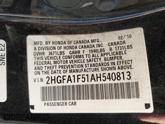 ✅ 2010 Honda Civic LX • VIN: 2HGFA1F51AH540813 • Lot: 43659639. Listed on IAAI with 208,682 mi. Free auction sales archive from the USA and detailed vehicle history report at DreamBid. Image 9.