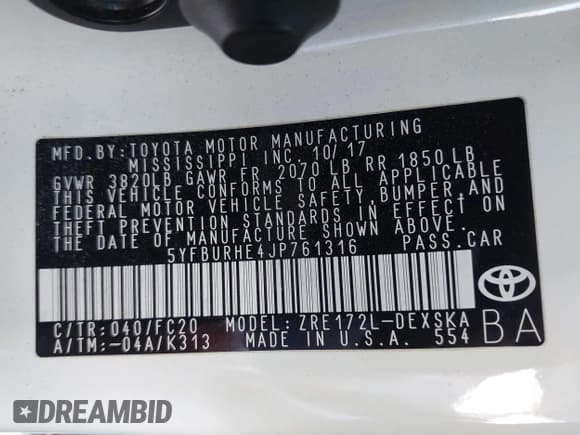 ✅ 2018 Toyota Corolla SE • VIN: 5YFBURHE4JP761316 • Lot: 43527152. Listed on IAAI with 153,020 mi. Free auction sales archive from the USA and detailed vehicle history report at DreamBid. Image 9.