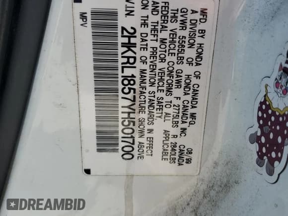 ✅ 2000 Honda Odyssey LX • VIN: 2HKRL1857YH501700 • Lot: 68108485. Listed on Copart with Not provided. Free auction sales archive from the USA and detailed vehicle history report at DreamBid. Image 13.