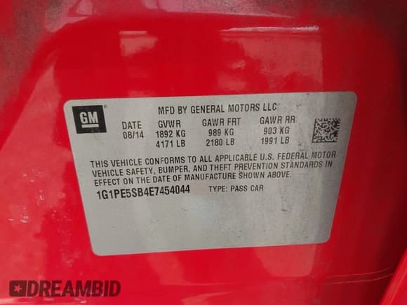 ✅ 2014 Chevrolet Cruze 2LT • VIN: 1G1PE5SB4E7454044 • Lot: 43722929. Listed on IAAI with 110,817 mi. Free auction sales archive from the USA and detailed vehicle history report at DreamBid. Image 9.