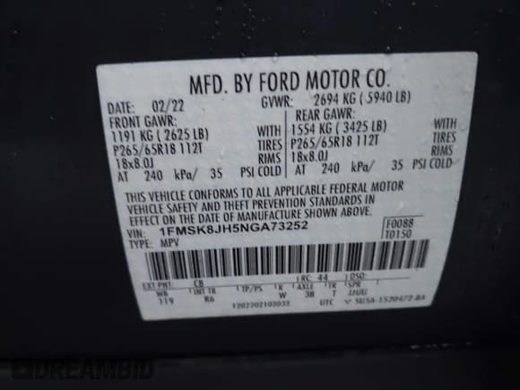 ✅ 2022 Ford Explorer Timberline • VIN: 1FMSK8JH5NGA73252 • Лот: 43557707. Опубликован ранее на IAAI с пробегом 31 747 миль. Бесплатный доступ к архиву аукционных продаж из США и подробный отчёт об истории автомобиля на DreamBid. Изображение 9.