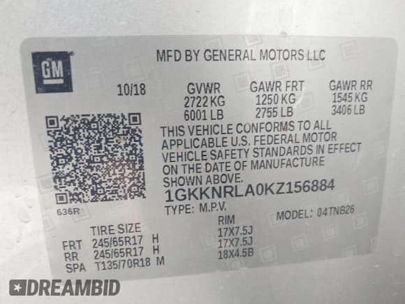 ✅ 2019 GMC Acadia SLE • VIN: 1GKKNRLA0KZ156884 • Lot: 43210453. Listed on IAAI with 202,050 mi. Free auction sales archive from the USA and detailed vehicle history report at DreamBid. Image 9.