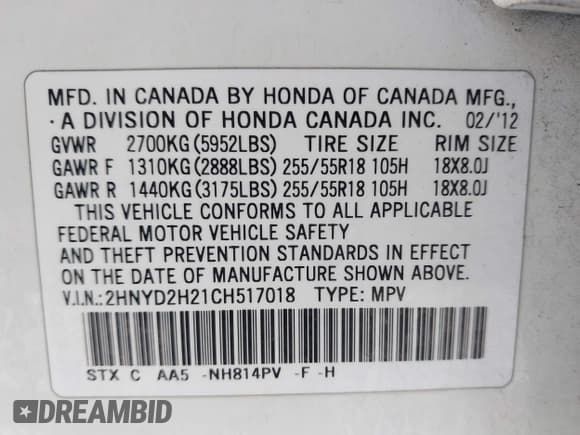 ✅ 2012 Acura MDX • VIN: 2HNYD2H21CH517018 • Lot: 42921915. Listed on IAAI with 185,823 mi. Free auction sales archive from the USA and detailed vehicle history report at DreamBid. Image 9.