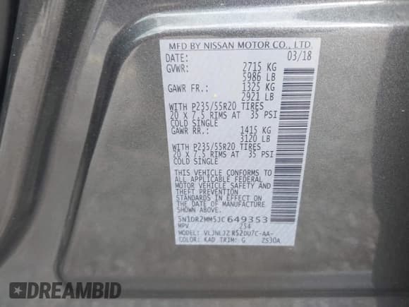 ✅ 2018 Nissan Pathfinder SL • VIN: 5N1DR2MM5JC649353 • Lot: 42345208. Listed on IAAI with 41,316 mi. Free auction sales archive from the USA and detailed vehicle history report at DreamBid. Image 9.