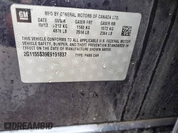 2014 Chevrolet Impala LTZ with VIN 2G1155S39E9191837, listed as a Copart auction lot 84747855 with 180,017 mi miles and Salvage title. Bid and sale history available at DreamBid. Image 12.