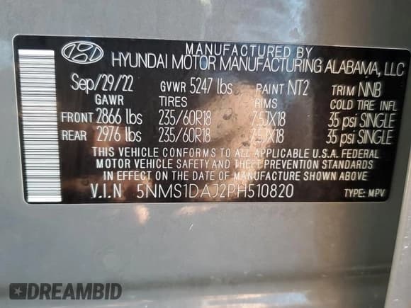 ✅ 2023 Hyundai Santa Fe SE • VIN: 5NMS1DAJ2PH510820 • Lot: 92680115. Listed on Copart with 29,849 mi. Free auction sales archive from the USA and detailed vehicle history report at DreamBid. Image 14.