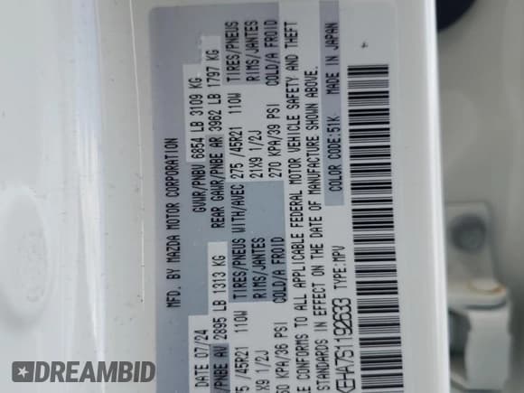 ✅ 2025 Mazda CX-90 Premium Plus Package • VIN: JM3KKEHA7S1192633 • Lot: 67415815. Listed on Copart with 33,949 mi. Free auction sales archive from the USA and detailed vehicle history report at DreamBid. Image 13.