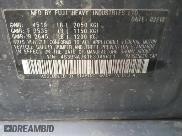 ✅ 2015 Subaru Legacy Limited • VIN: 4S3BNAJ61F3049640 • Lot: 92953335. Listed on Copart with 179,555 mi. Free auction sales archive from the USA and detailed vehicle history report at DreamBid. Image 12.