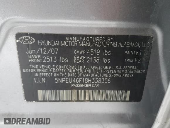 ✅ 2008 Hyundai Sonata SE • VIN: 5NPEU46F18H338356 • Lot: 88768535. Listed on Copart with 67,252 mi. Free auction sales archive from the USA and detailed vehicle history report at DreamBid. Image 12.