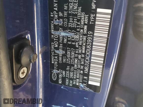 2013 Hyundai Tucson GLS z VIN KM8JUCACXDU639919, wystawiony jako Copart lot #65448984 z przebiegiem Nie podano mil oraz Szkoda całkowita • Salvage title. Historia ofert i sprzedaży dostępna na DreamBid. Obrazek 14.