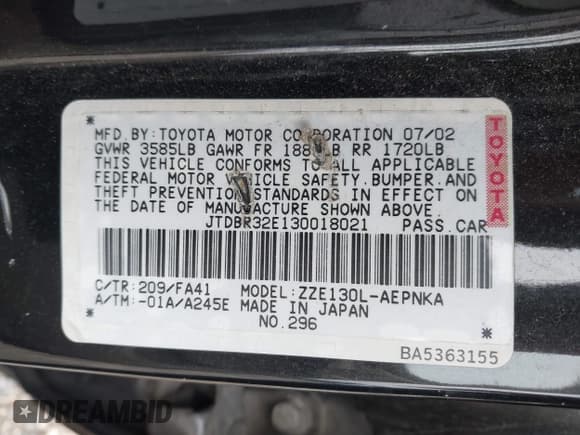 ✅ 2003 Toyota Corolla CE • VIN: JTDBR32E130018021 • Лот: 43754267. Опубликован ранее на IAAI с пробегом 229 790 миль. Бесплатный доступ к архиву аукционных продаж из США и подробный отчёт об истории автомобиля на DreamBid. Изображение 9.