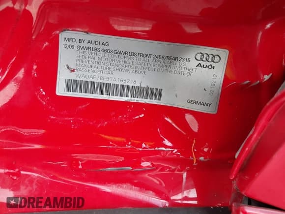 ✅ 2007 Audi A4 2.0T • VIN: WAUAF78E97A165218 • Лот: 43536961. Опубликован ранее на IAAI с пробегом 142 877 миль. Бесплатный доступ к архиву аукционных продаж из США и подробный отчёт об истории автомобиля на DreamBid. Изображение 9.