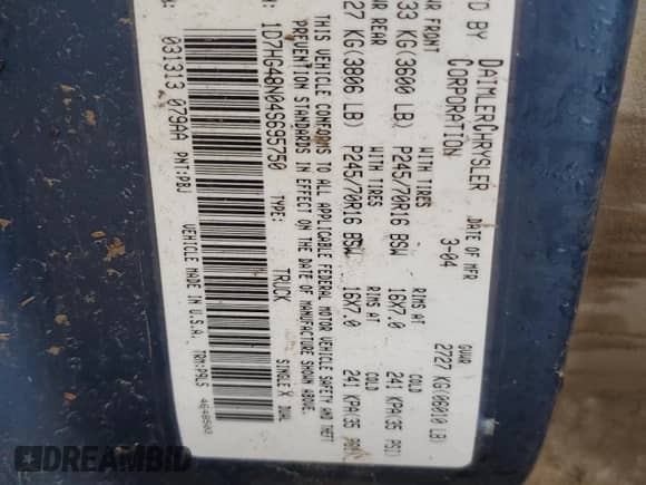 2004 Dodge Dakota SLT z VIN 1D7HG48N04S695750, wystawiony jako Copart lot #61059154 z przebiegiem Nie podano mil oraz Szkoda całkowita • Salvage title. Historia ofert i sprzedaży dostępna na DreamBid. Obrazek 12.