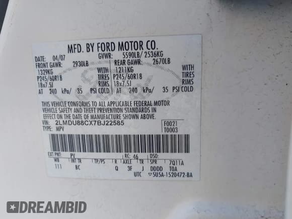 ✅ 2007 Lincoln MKX • VIN: 2LMDU88CX7BJ22585 • Lot: 42061572. Listed on IAAI with 148,029 mi. Free auction sales archive from the USA and detailed vehicle history report at DreamBid. Image 9.