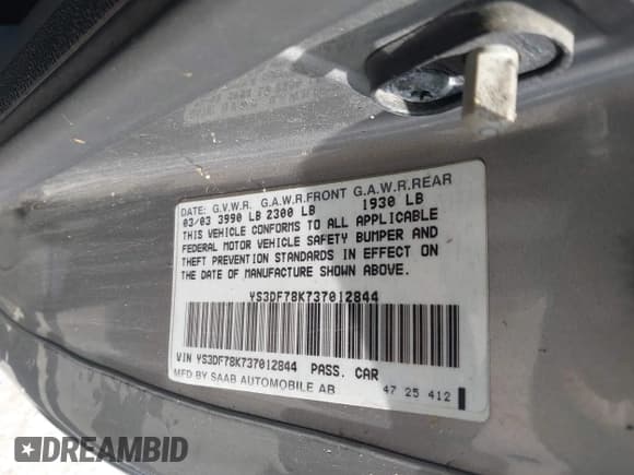 ✅ 2003 Saab 9-3 SE • VIN: YS3DF78K737012844 • Lot: 43311591. Wystawiony na IAAI z przebiegiem 110 112 mil. Bezpłatny archiwum sprzedaży aukcyjnych z USA i szczegółowy raport historii pojazdu na DreamBid. Zdjęcie 9.