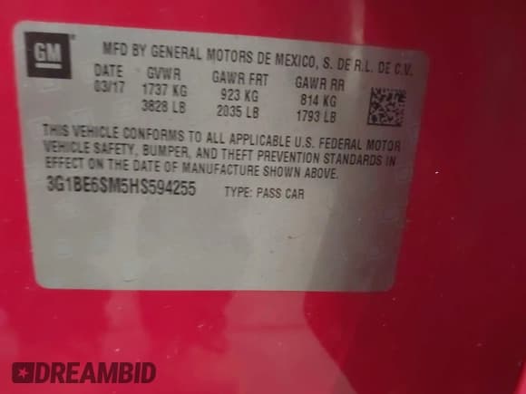 ✅ 2017 Chevrolet Cruze LT • VIN: 3G1BE6SM5HS594255 • Lot: 42385285. Listed on IAAI with 107,505 mi. Free auction sales archive from the USA and detailed vehicle history report at DreamBid. Image 9.